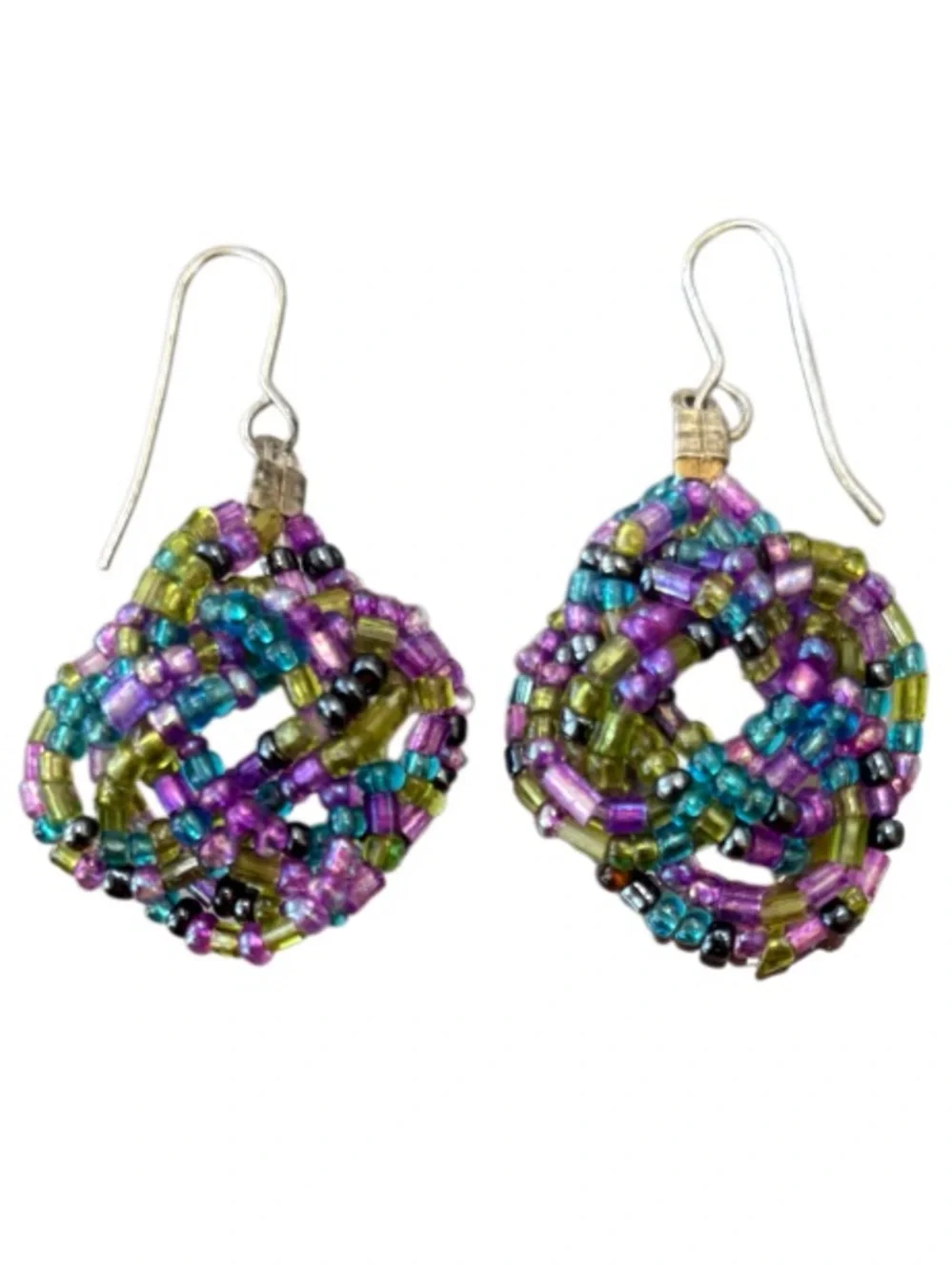 Vintage Beaded Earrings Handmade Flower Dangle Wire Coquette Blue Purple Rose